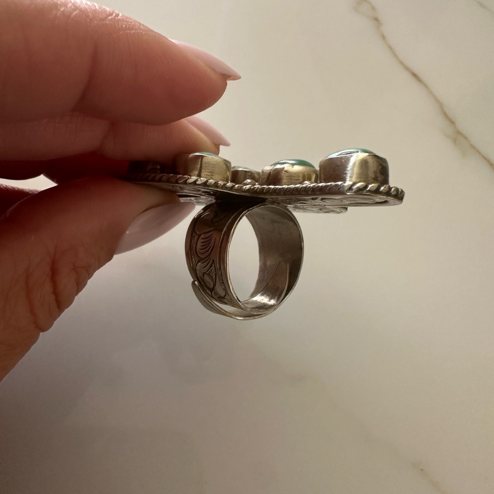 Turquoise Sterling Silver Cactus Statement Ring- Adjustable - Picture 8 of 12